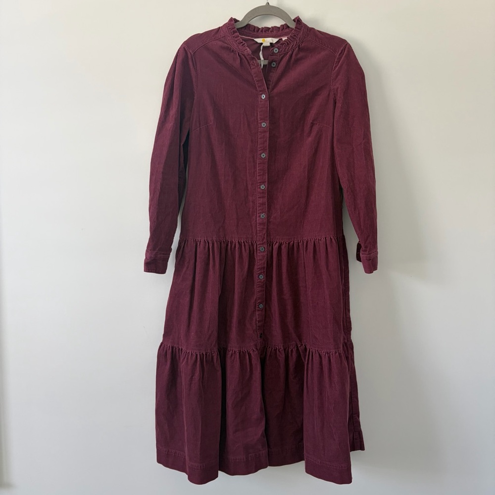 Boden Ellen Corduroy Burgundy Long Sleeve Tiered Skirt Midi Dress 10P
